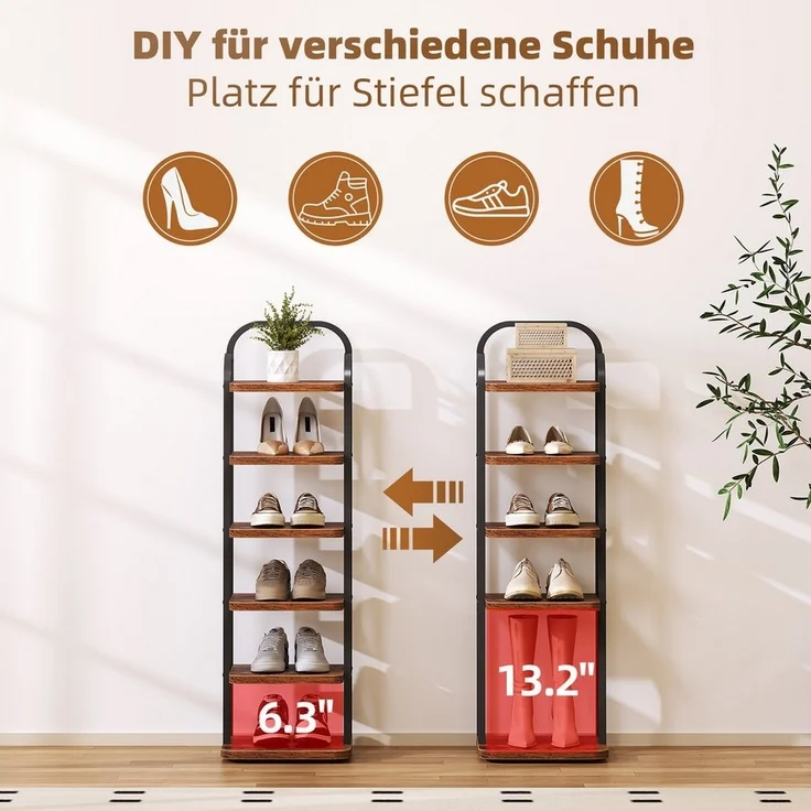 YOLEO Schuhregal Vertikales Schuhregal schmal Metall Platzsparend Vintagebraun-Schwarz, 6 Ebenen – Bild 3