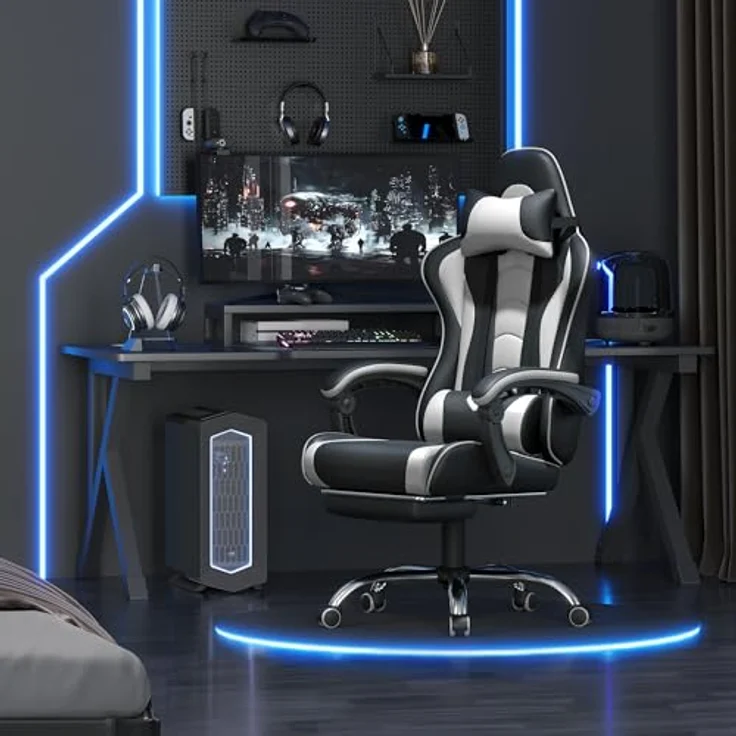 Yaheetech Gaming Stuhl Ergonomischer Gamer Stuhl mit Massagefunktion Computerstuhl mit Fußstütze Bürostuhl 90-135° Rückenlehne verstellbar Gaming Sessel PC Stuhl Weiß – Bild 3