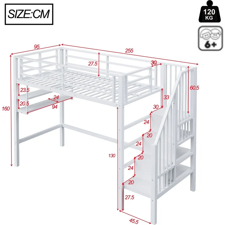 Kinder Hochbett 90x200 cm Metall mit Regalen Stauraum Leiter und Spielbereich unter dem Bett Weiss – Bild 10