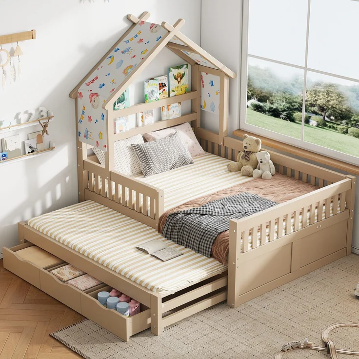 Hausbett mit Ausziehbett, Schubladen, Lattenrost, Zaun und Dach, 140x200 cm, Kinderbett mit Rausfallschutz, Kiefer – Bild 1