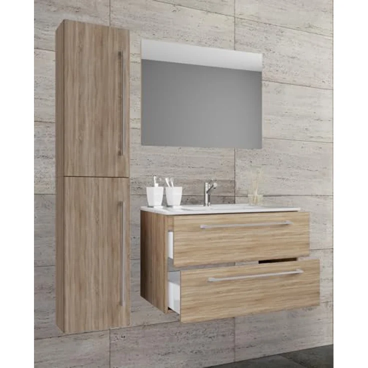 VCM Badmöbelset Badinos, 4-tlg. Waschplatz mit 2 Schubladen, Spiegel aus ESG-Sicherheitsglas, Keramik Waschbecken, Unterschrank 61x46 cm oder 81x46 cm, Hochschrank 151x33x22 cm – Bild 2