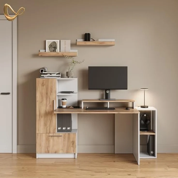 Livinity® Schreibtisch Lorena, Weiß/Goldkraft Eiche, 150 x 120.1 cm mit 2 Türen (1-St) – Bild 3