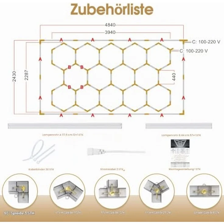 Barberpub Hexagon LED Garage Light, 68970LM 6500K Hexagon LED Beleuchtung für Werkstatt, Friseursalon, 14 Grid, LP005/nicht dimmbar, PVC-Rahmen – Bild 7
