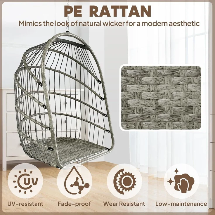 Hängesessel Rattan faltbar Aufhängeset UV Kissen Balkon Stuhl (Grau) – Bild 5