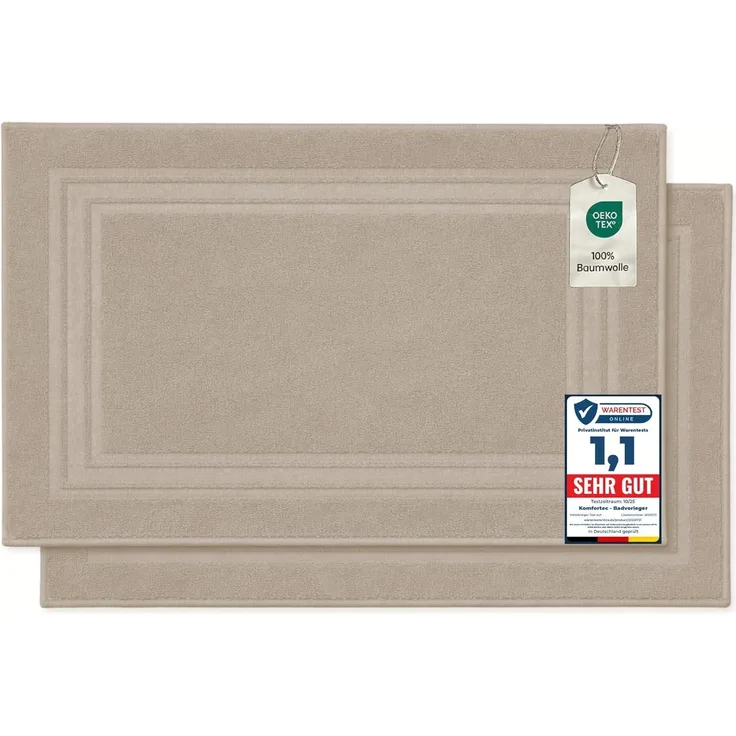 Komfortec Badematte Badvorleger aus 100% Baumwolle, 50x70 cm Duschvorleger, Waschbar Duschmatte, Frottee, Rechteckig, 600 g/m², 2er Set, Saugfähig & Schnelltrocknend