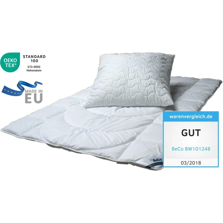 Ganzjahresbettdecke + Kopfkissen, Betten-Set Ganzjahresdecke für Sommer und Winter und Kissen, Beco, Füllung: 100% Microfaser, Kochfest, Ganzjährig einsetzbar, für Menschen mit normalem Wärmebedarf, 135x200 cm – Bild 2