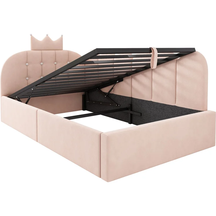 Merax Einzelbett 90x190 cm, Kinderbett, Polsterbett, Daybett, Tagesbett-Schlafsofa mit Stauraum (hydraulisch), Gästebett L-Form Samt, Rosa – Bild 9