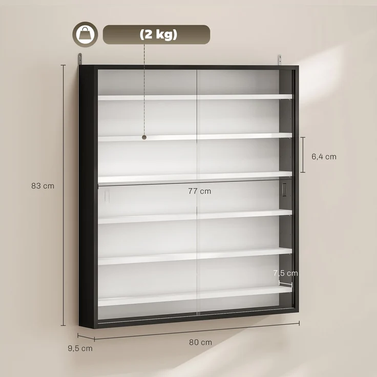 Wandvitrine für Sammlerstücke, 6 höhenverstellbare Böden, 2 Glasschiebetüren, 80 x 9,5 x 83 cm,Cecodadi – Bild 5