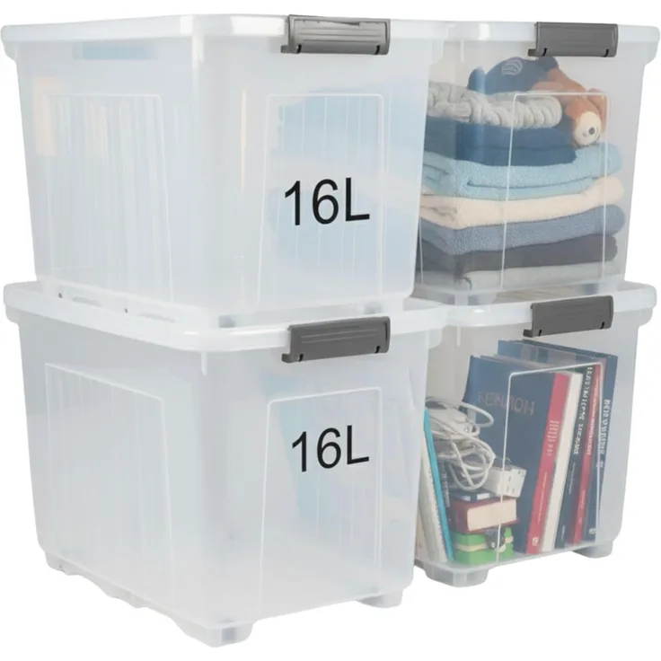 Plastard Aufbewahrungsbox mit Deckel & Rollen 15 - 110 Liter Stapelbar, Transportbox, Regalbox (4er-Set, 4 St), Lagerbox, Spielzeugbox, BPA-Frei, Storagebox für Spielzeug, mit Clips