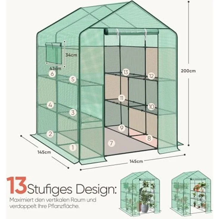 Sekey Gewächshaus 200x145x145 cm, Foliengewächshaus Stabil, Gewächshaus Balkon mit 10 Regalböden für optimales Pflanzenwachstum, Grün, XXL – Bild 6