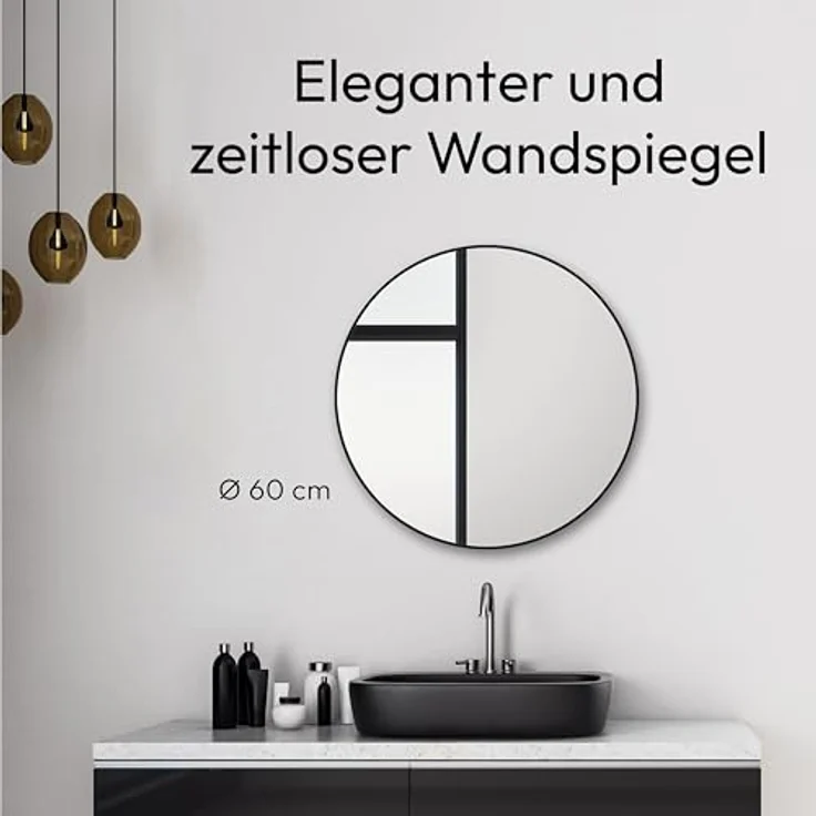 Talos Talos Black Circle Spiegel Ø 60 cm, runder Wandspiegel mit schwarzem Aluminiumrahmen, inkl. Montagematerial, für Badezimmer und Wohnräume – Bild 4