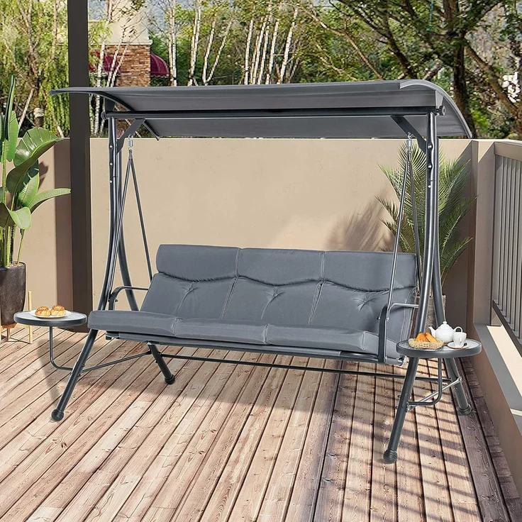 Outsunny Hollywoodschaukel mit verstellbarem Sonnendach, 3-Sitzer, Verstellbares Dach, Gartenschaukel, 1 tlg, Schaukelbank, für Garten, Balkon, Grau – Bild 2