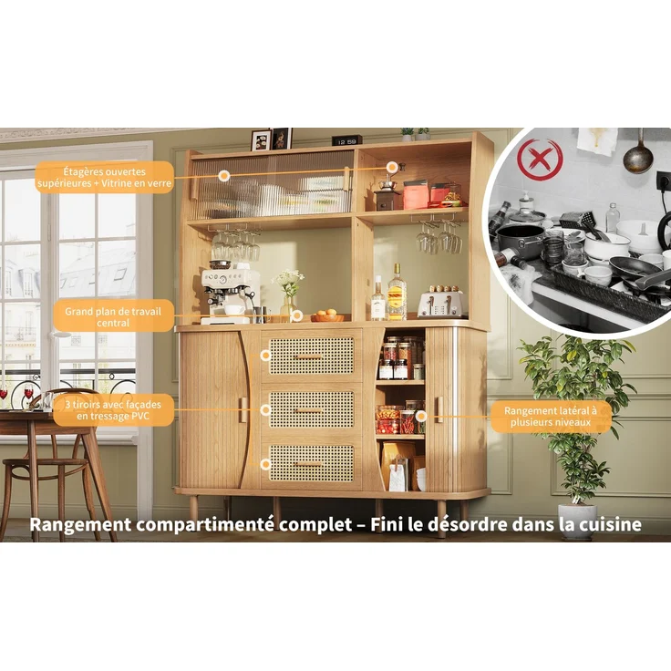 TavilaEcon Küchenbuffet Hochwertiger Buffetschrank mit Rattanoptik & Glasschiebetüren natur 174,5 × 40,5 × 140 cm (H × T × B) – Bild 5