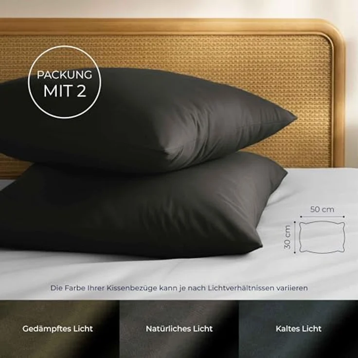 Kissenbezug 30x50 Renforcé Baumwolle (2er-Set) - Anthrazit - Dicht gewebt mit 57 Fäden/cm² - Kissenbezug 50x30 - Oeko Tex Zertifiziert - Dreamzie – Bild 3