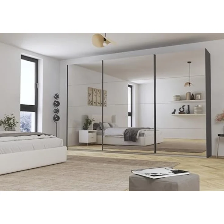 Rauch Möbel Kulmbach, Kleiderschrank mit Schwebetüren für Schlafzimmer, Kinderzimmer, Jugendzimmer, Garderobe, Flur, 3-türig, mit Spiegel, Zubehör Basic, Farbe Grau metallic, Schwarz, Breite 360 cm – Bild 2