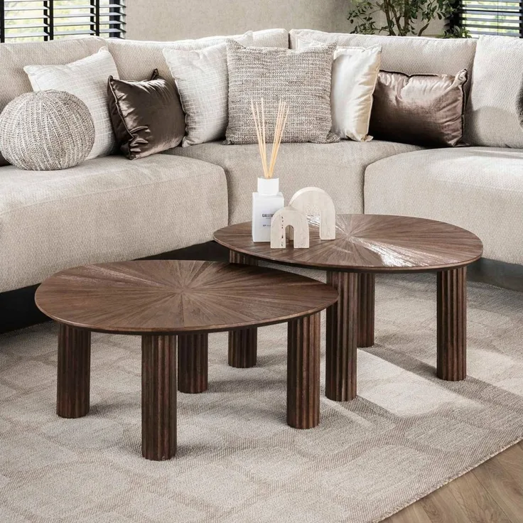 alesvelt Couchtisch FLAVIO TRAINGOLO Dreieckige Satztische im Mid-Century Design (2-er Set), 75 x 61 x 45 cm Teak Säulenbeine
