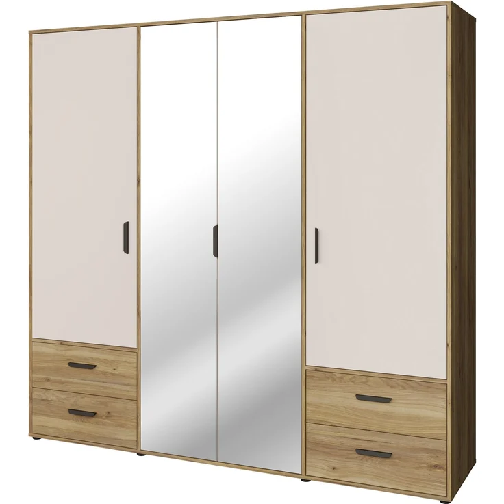 Forte MOKKARO Kleiderschrank 200, moderner Drehtürenschrank, 4-türig, 4 Schubladen, Spiegel, Mauvella Eiche Holzdekor|Kaschmir Beige, 205,9 cm breit x 200,1 cm hoch x 52,7 cm tief – Bild 8