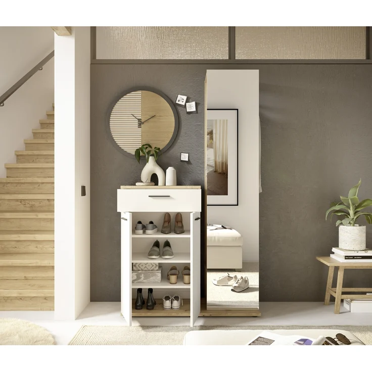 Kompaktgarderobe >Malaga< Türen, 1 Schub, Spiegel, Eiche Dekor / Cashmere - 105x188x38cm (BxHxT) – Bild 8