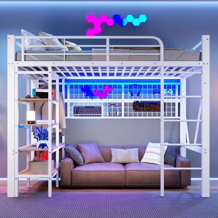 EINHOM Hochbett, 90 x 200 cm, Eisenrahmen, Ablagefach, Netz zum Aufhängen von Gegenständen, mit Kleiderstange, Offener Raum unter dem Bett, mit LED-Lichtleiste, Weiß (Ohne Matratze) – Bild 3