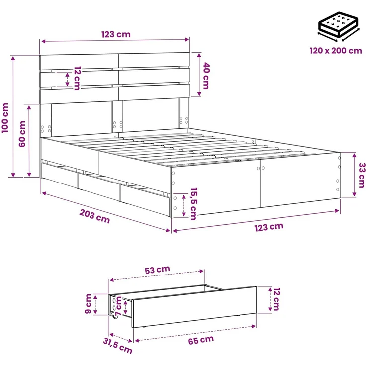 vidaXL Bed Frame with Storage and Headboard Artisan Oak 120 x 200 cm 3445805 – Bild 10