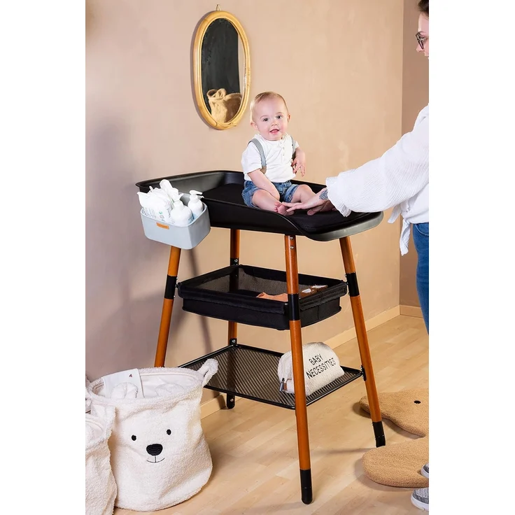 CHILDHOME, Wickeltisch, erweiterbar, 4 Höhen, leicht zu bewegen, Räder, Bremssystem, robust, Aufbewahrungskorb, inkl. Kissen, Evolux, Schwarz – Bild 3