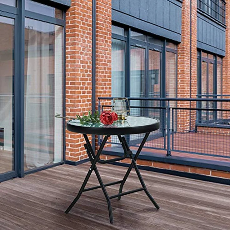 PHI VILLA Klappbar Runder Beistelltisch Glas aus Metall Gartentisch Kaffeetisch Klein Balkontisch wetterfest pflegeleicht für Balkon Garten Terrasse Wohnzimmer – Bild 2