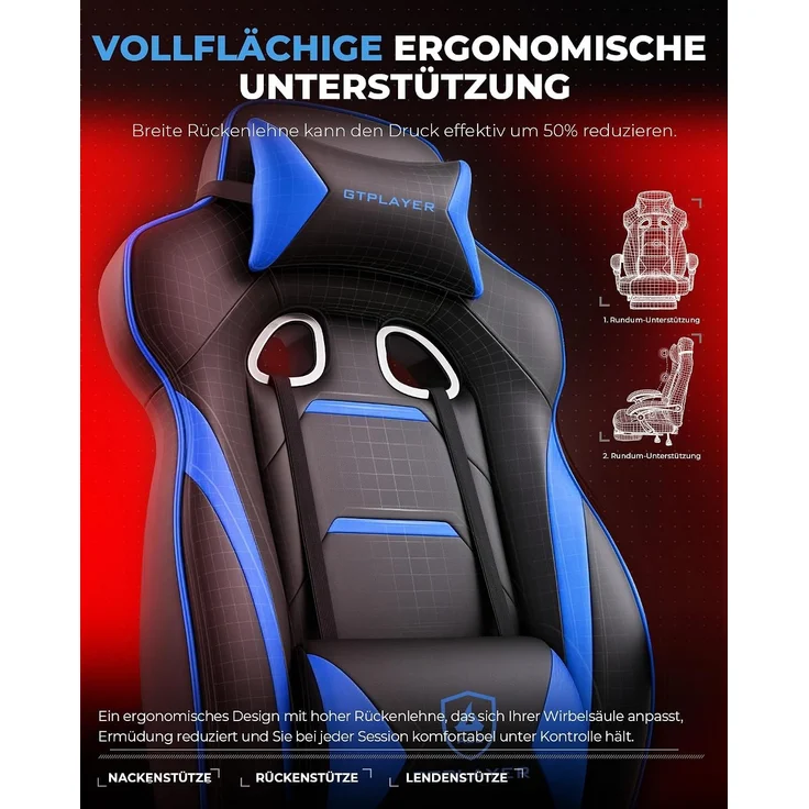 GTPLAYER Gaming Stuhl mit Fußstütze, Ergonomischer Bürostuhl 180kg, Schwerlast Gaming Sessel mit Lendenwirbelstütze und Kopfstütze, Höhenverstellbarer Computerstuhl, Gepolstert, neigbare 155°, BLAU – Bild 7