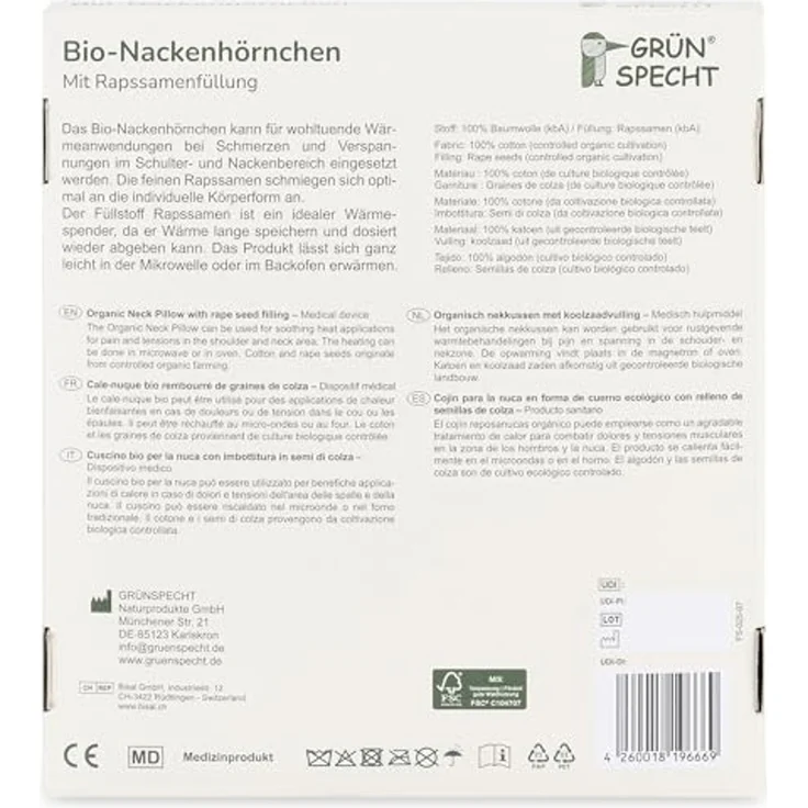 GRÜNSPECHT Bio-Nackenhörnchen, Wärmekissen für Nacken und Schulter, bei Verspannungen und Schmerzen, Bezug aus 100% Baumwolle (kbA), für Mikrowelle & Backofen, grau (609-V1) – Bild 4