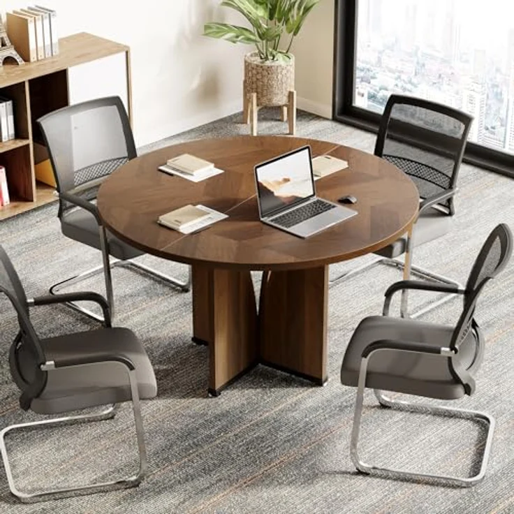 LITTLE TREE Kleiner Konferenztisch (99 cm) für 4 Personen, runder Besprechungstisch mit X-förmigem Fußgestell, für Büro, Konferenzraum, kleine Räume, Dunkelbraun – Bild 3