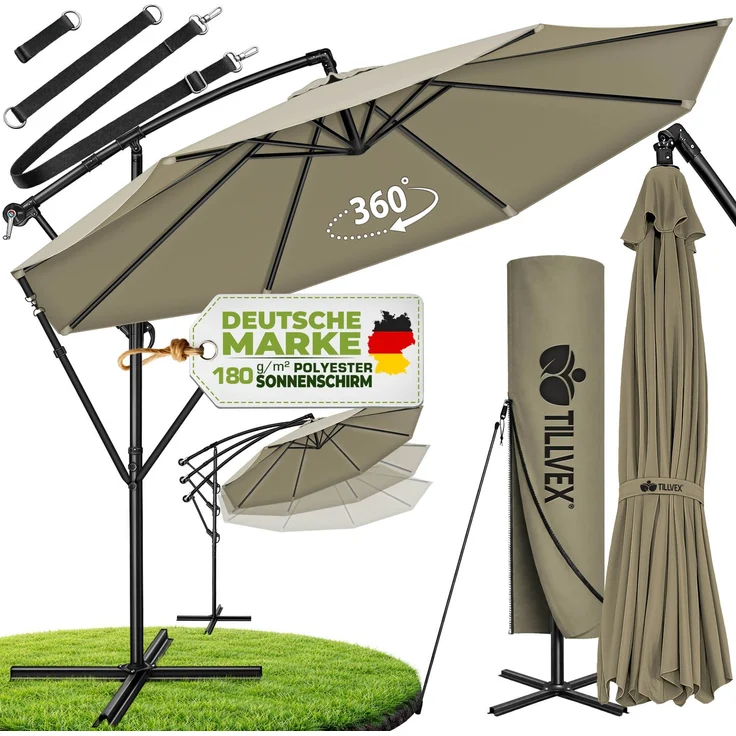 tillvex Sonnenschirm Braun Ø 350 cm Ampelschirm Gartenschirm Marktschirm Kurbel Balkon Alu Neigbar Braun - Ø350cm – Bild 1