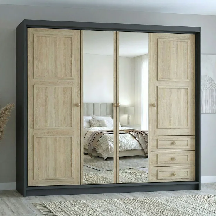 Drehtürenschrank OSLO viertüriger Kleiderschrank mit Schubladen und Metallgriffen