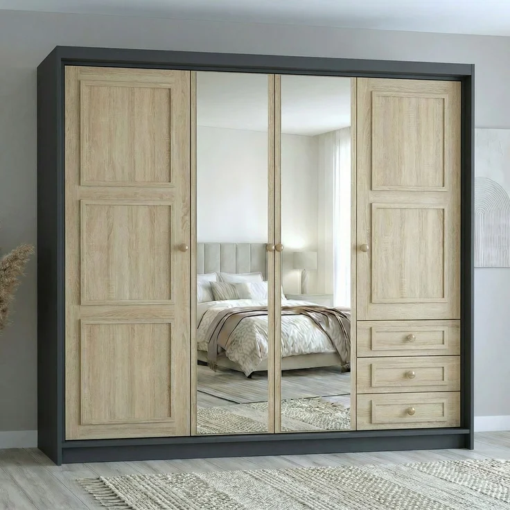 Drehtürenschrank OSLO viertüriger Kleiderschrank mit Schubladen und Metallgriffen – Bild 1