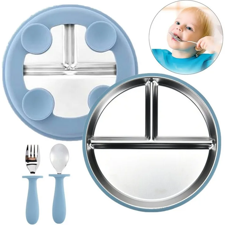 Mutig Kindergeschirr-Set 3 Stück Edelstahl Baby Teller mit Silikon Saugnapf mit Löffeln&Gabeln, 1 Personen, Spülmaschinenfest & BPA Frei mit Unterteilung,Für Kinder geeignet