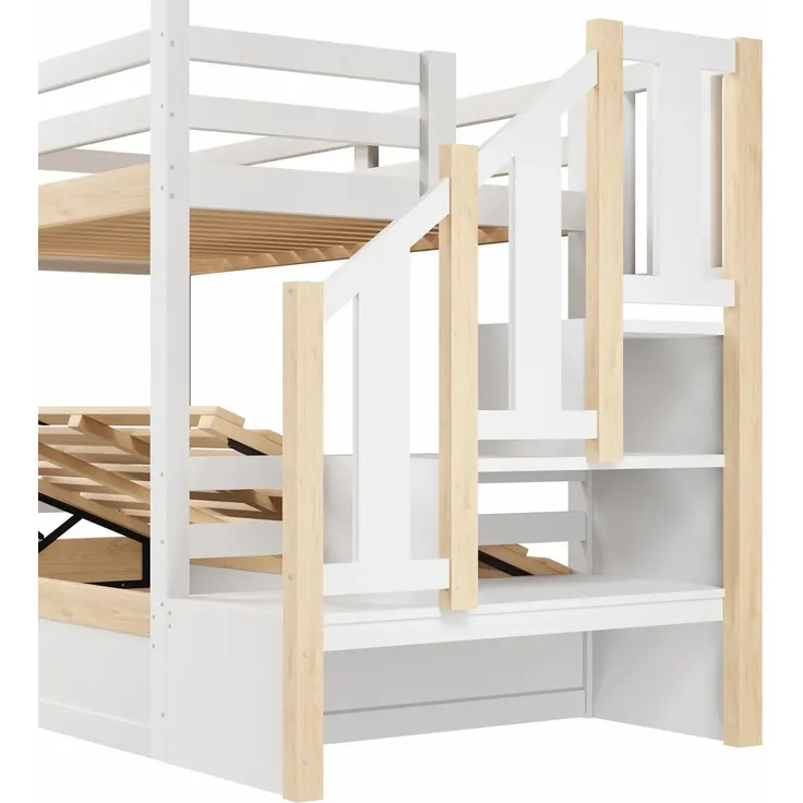 Etagenbett mit 2 Liegeflächen, Rausfallschutz, Stauraum und Lattenrosten, Treppe mit Regal, 90x200 cm/90x200 cm, Kinderbett, Stauraumbett, Kiefer – Bild 10