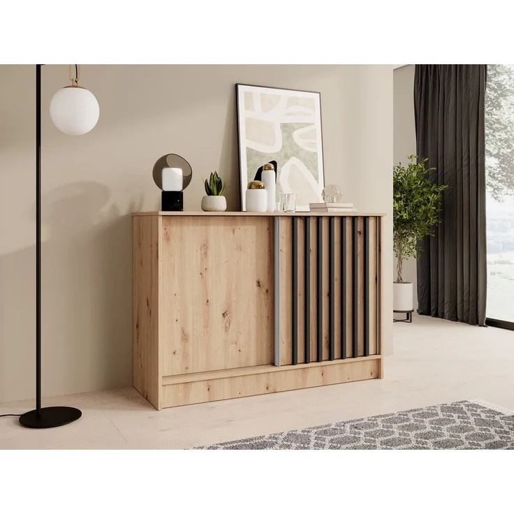 Beautysofa Kommode mit 2 Schiebetüren HORIZON (in 120 cm oder 160 cm, verschiedene Farben: Eiche Artisan, Schwarz, Weiß, Kaschmir), mit dekorativen Lamellen – Bild 5