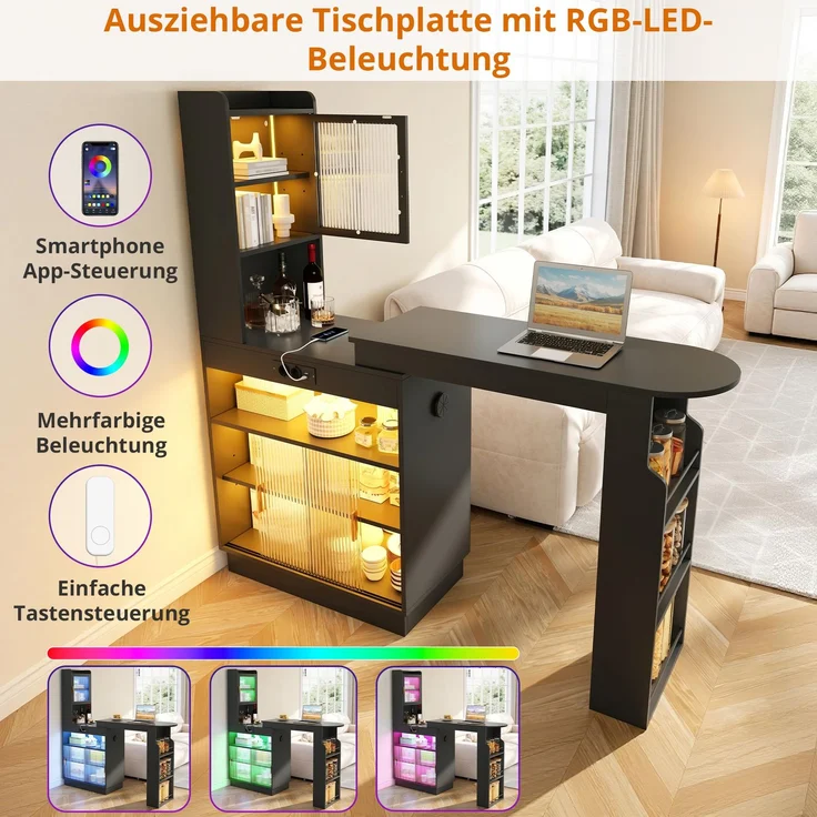 ZUBALIYA Küchenschrank mit Glastüren / Barschrank & Sideboard, mit ausziehbarer Bartisch & Stehtisch mit Stauraum und steckdose, Schwarz, 131–170 x 40 x 170 cm, fürs Büro, mit LED, Samt – Bild 6