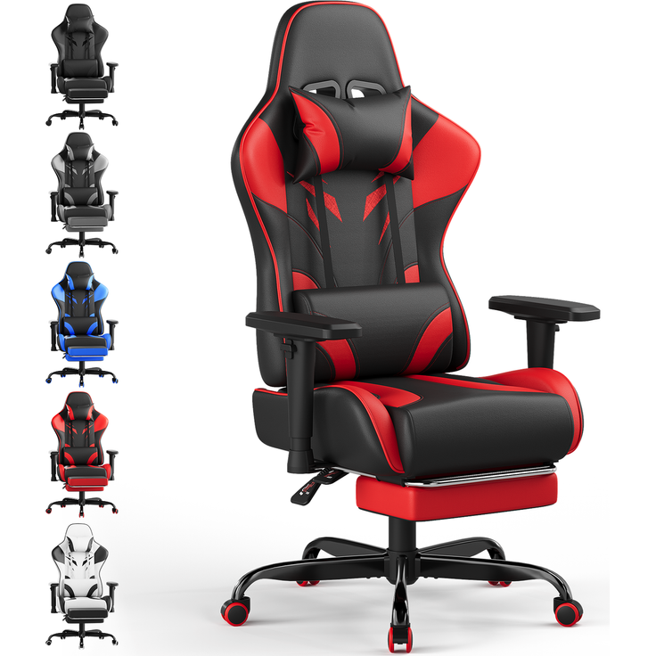 Gaming-Stuhl mit verstellbaren Armlehnen, Kopfstütze, Lendenkissen und Fußstütze,Rot