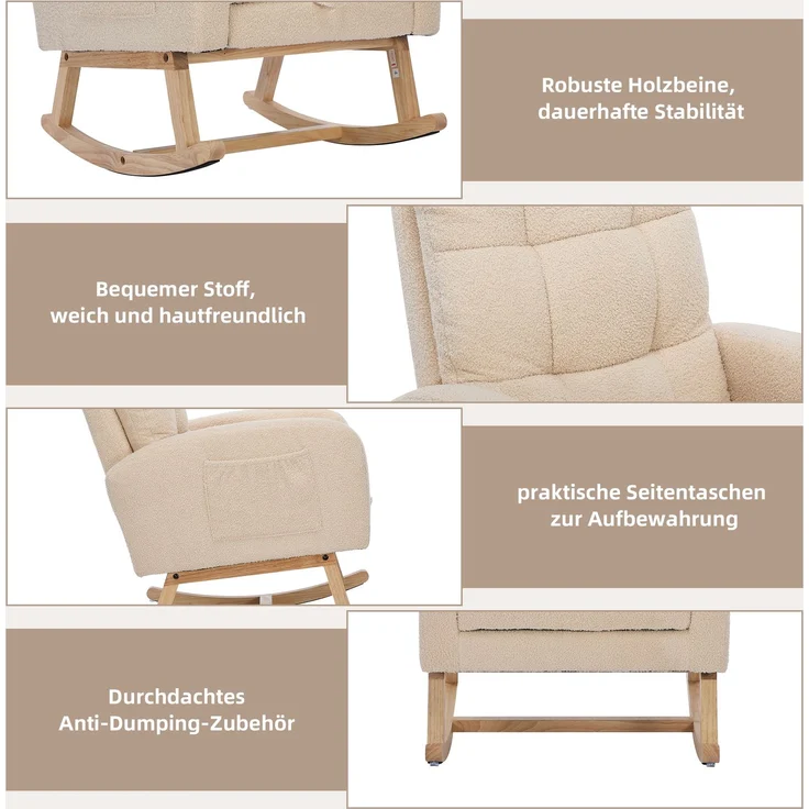 Schaukelstuhl Lammfell-Optik Beige mit hoher Rückenlehne und Armlehnen, ergonomischer Relaxsessel mit Massivholzgestell – Bild 9