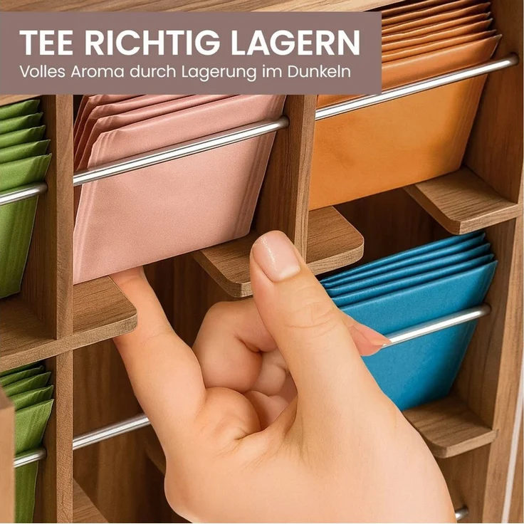 Youyijia Aufbewahrungsbox Organizer-Box aus Holz mit Deckel, 9 Fächer für Tee und Kaffee – Bild 4
