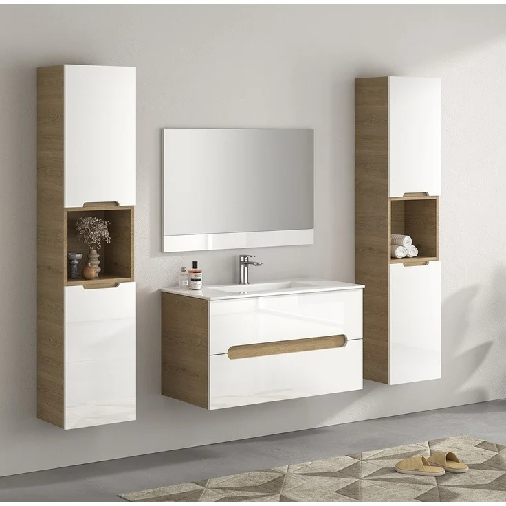 Faizee Möbel Badmöbel-Set 90cm Hochglanz Weiß inkl. Waschbecken&LED-Beleuchtung – Bild 5