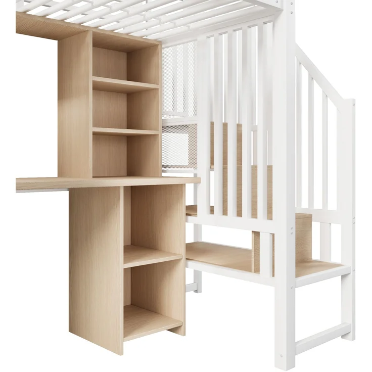 Metall-Hochbett 90×200cm mit integriertem Schreibtisch, Kleiderschrank & Stauraumtreppe, Stahl+E1-MDF, Weiß, ohne Lattenrost+Matratze, Gesamt L251,2 × T98 × H171 cm – Bild 8