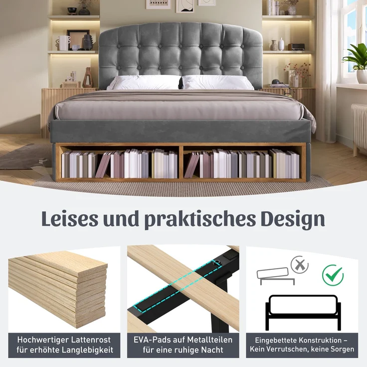 Merax Doppelbett 140x190 cm, Polsterbett mit Lattenrost, Bettgestell mit gebogenem höhenverstellbarem Kopfteil, Bett mit Schubladen und Stauraum, Samt, Grau – Bild 5
