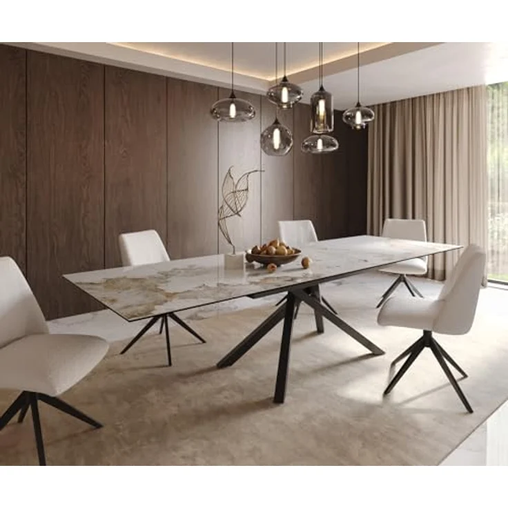 Esstisch Edge 200-300x100 Keramik Minas Melange Weiß-Beige Kreuzgestell Rechteck Schwarz ausziehbar – Bild 3
