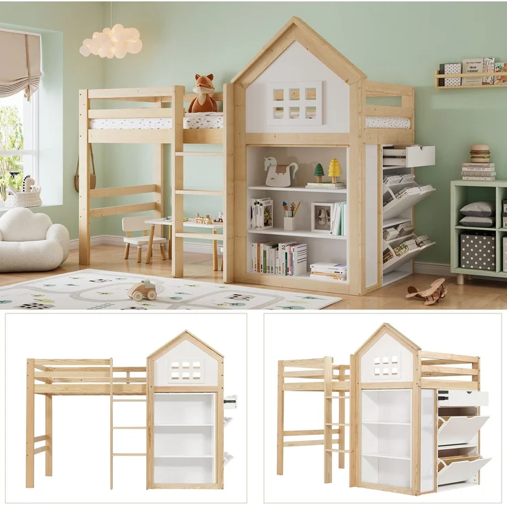 Hochbett mit Bücherregal, Stauraum, Lattenrost und Leiter, 90x200 cm, Schrank mit 2 Klappen und 1 Schublade, Kinderbett mit Rausfallschutz, Kiefer – Bild 4