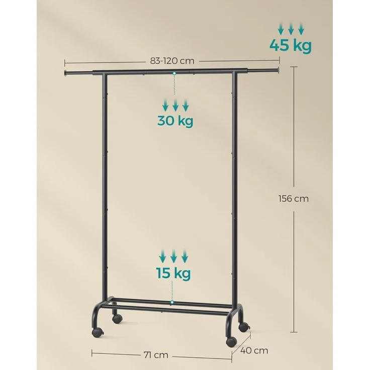 SONGMICS Kleiderständer auf Rollen, ausziehbare Kleiderstange, Garderobenständer aus Stahlrohren, erhöhte Ablagestange, 40 x (83-120) x 156 cm, tintenschwarz HSR134B01 – Bild 6