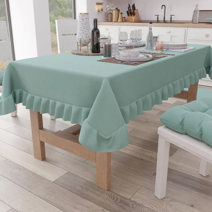 PETTI Artigiani Italiani - Rüschen-Tischdecke, Tischdecke, rechteckige Küchentischdecke mit Volant, einfarbige Tischdecke aus Baumwolle, X12-Sitzer (140 x 240 cm) Aqua
