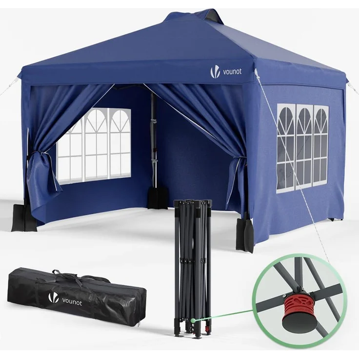 VOUNOT Pavillon 3x3 m Wasserdicht Stabil Winterfest, Pop Up Faltpavillon mit 4 Seitenteilen und 5 Sandsäcke, Faltbar Partyzelt Gartenzelt Gartenpavillon inkl. Tasche, Glau – Bild 1