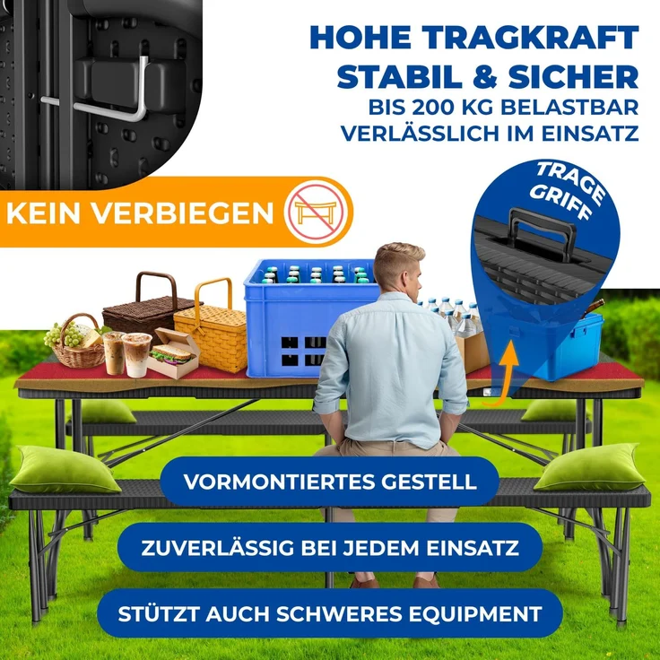 KESSER® Buffettisch Tisch klappbar Kunststoff 183x76 cm Rattan Optik Campingtisch Partytisch Klapptisch Gartentisch für Garten Terrasse und Balkon zusammenklappbar 6 Personen ink. Tragegriff Schwarz – Bild 5