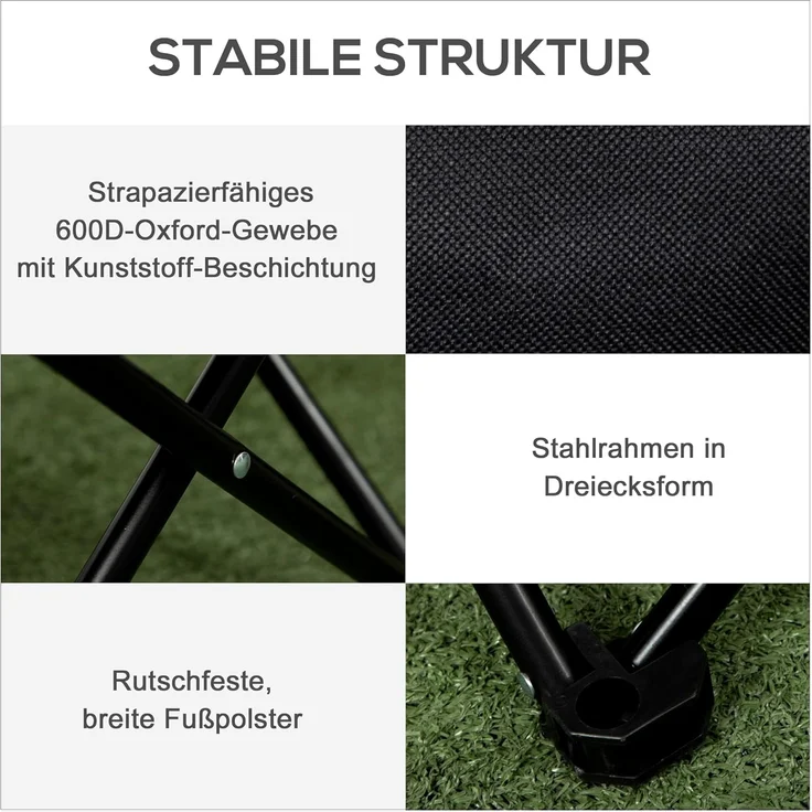Outsunny Campingstuhl faltbarer Gartenstuhl mit Seitentasche, Stahlrahmen (Klappsessel mit Tragetasche für Pool, Garten, 1 St), Oxfordstoff, Schwarz – Bild 6