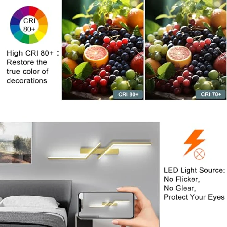 Goeco LED Wandleuchte Innen, 81CM 24W 2700LM LED Wandlampe Lang 2 Fimmige 6500K Kaltweißes Licht, Modern Wandlicht für Flur Treppenhaus Wohnzimmer Schlafzimmer, Gold – Bild 7